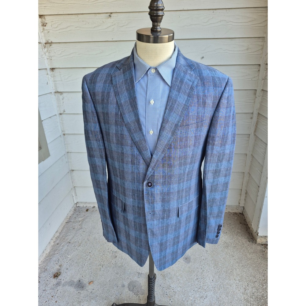 Calvin Klein Mens Sz 44 S Blue Plaid 100% Linen Two Button Sport Coat Blazer